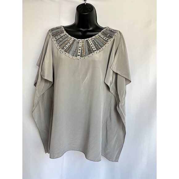 BCBG Max Azria Y2K 100% Silk Dove Embellished Blouse Size S Batwing Sleeve Gray - Picture 8 of 10
